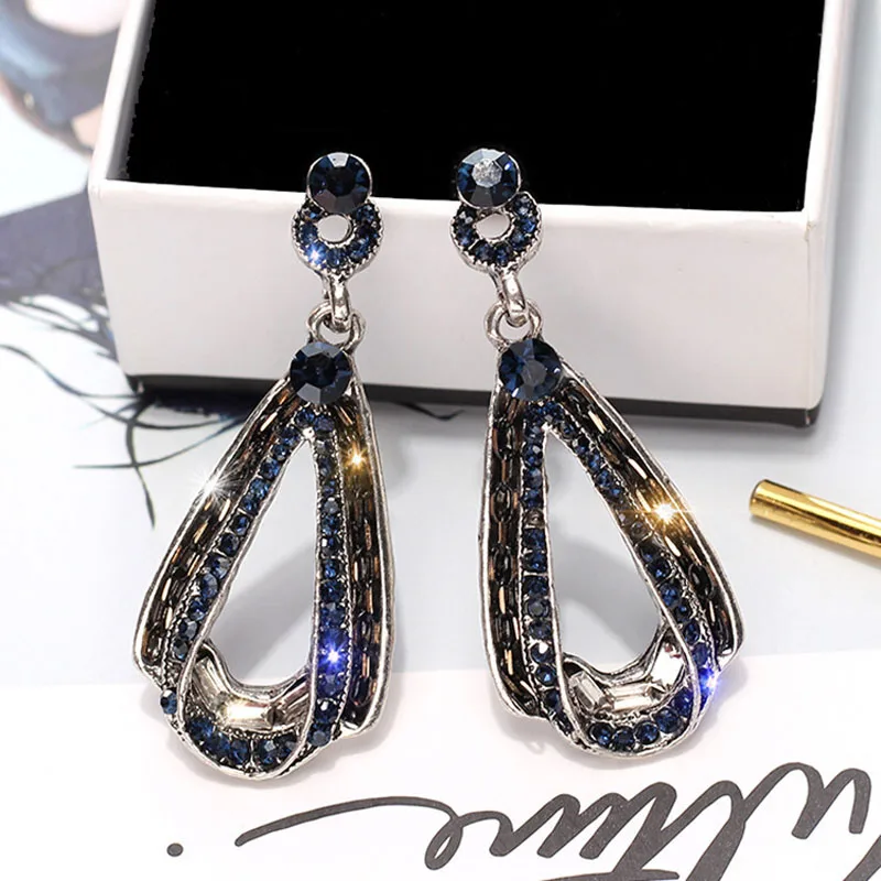 

Exaggerated Blue Crystal Lace Golden Metal Chain Dangle Earrings Women Personality Statement Drop Earrings Christmas Gift