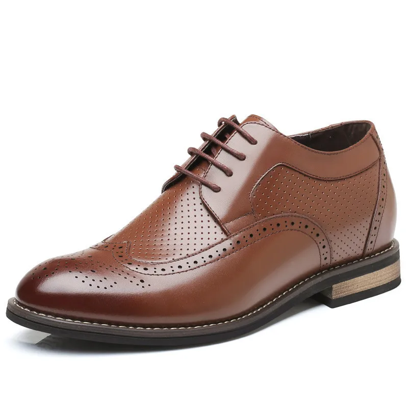 

New Brogues Style Get Taller 7 cm Men's Summer Dress Shoes Genuine Leather Hollow Invisible Height Increased Elevator Shoes