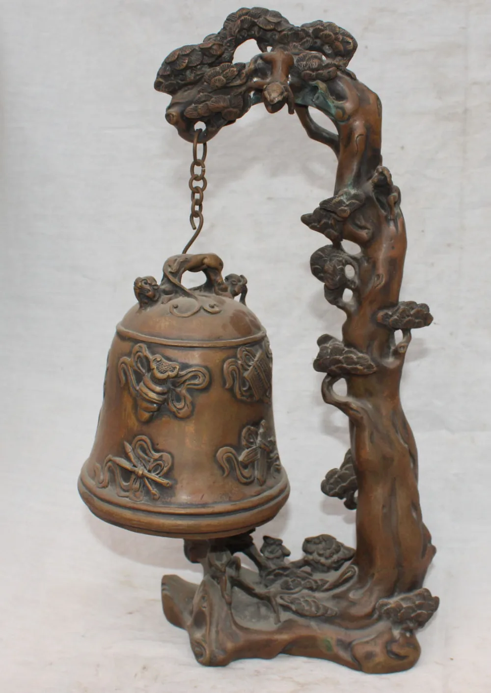 

free 11" Chinese Bronze Buddhism 8 auspicious symbol Zhong Bell Monkey Tree Sculptur fast