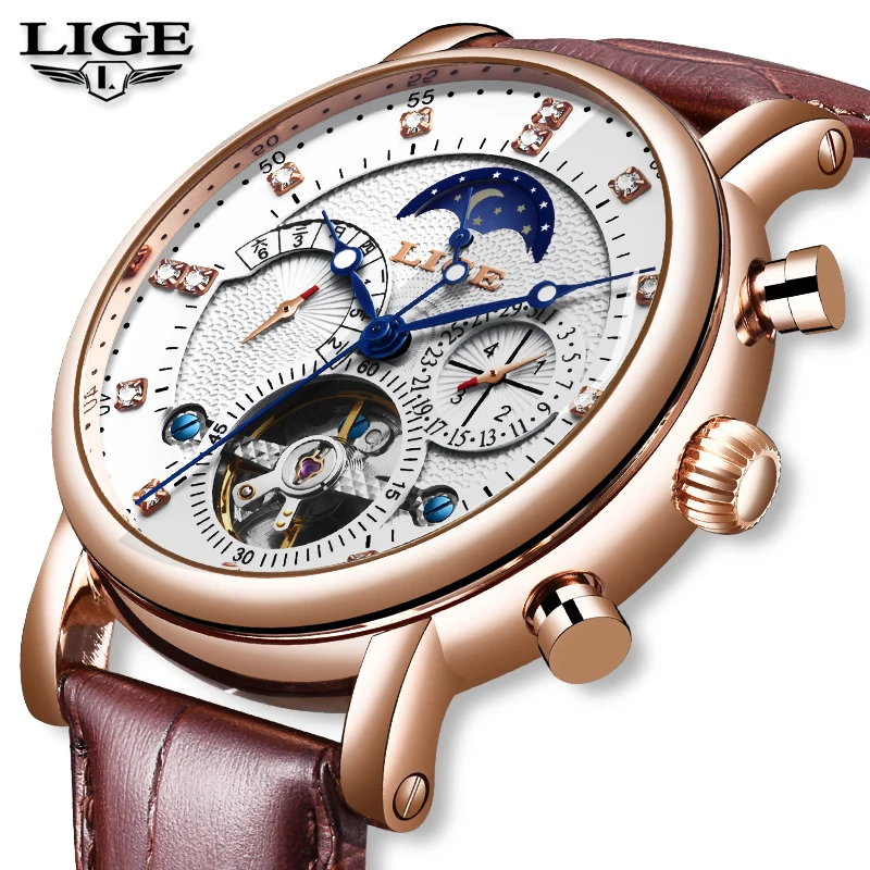 NewLIGE Tourbillon Мужские модные часы в деловом стиле автоматические механические