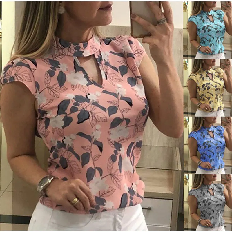 

Hollow Out Chiffon Print Floral Short Sleeve Lady Shirt Blouse Women Casual Plus Size 3XL Shirts 2019 Summer Fashion Tops Female