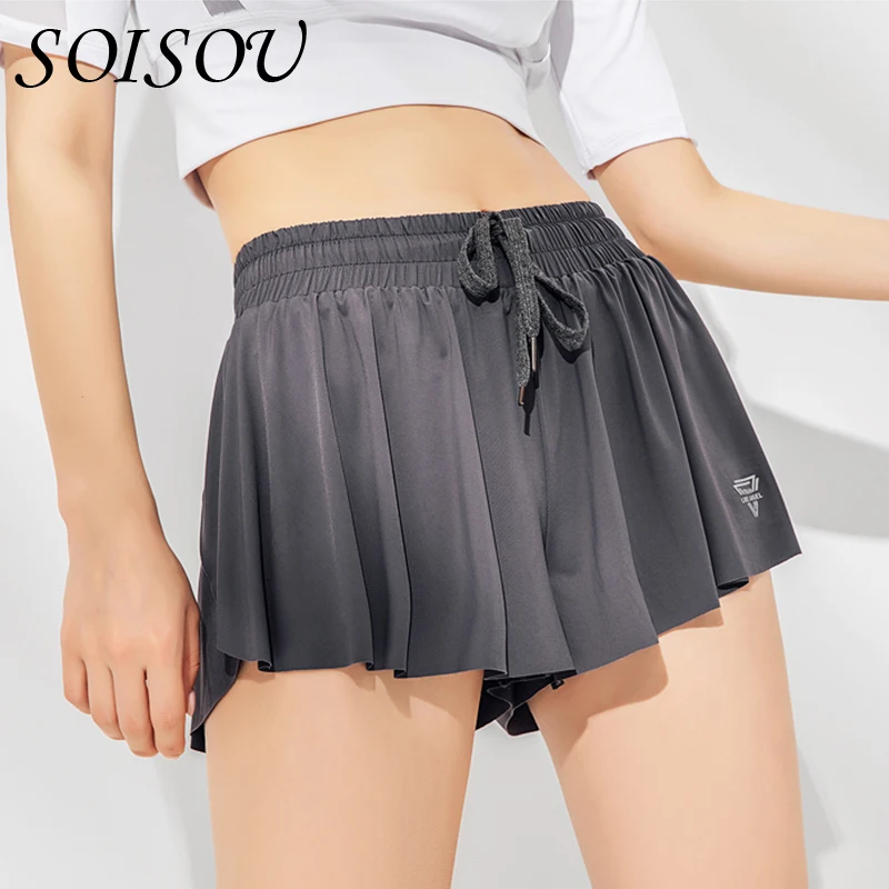 

SOISOU Women's Shorts Fake Two Pieces Solid High Elasticity Short Femme Breathable Workout Fitness Women's Summer Shorts