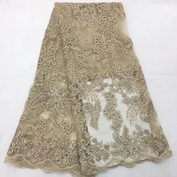 

New High Class Gold Line Peach Blue French Lace Fabric High Quality African Lace Fabric Organza Lace Fabric With Sequins 5Yards