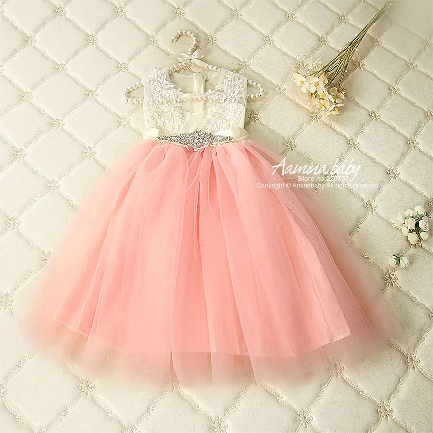 

5K230 Diamond Belt Flower Embroidery Princess Party Toddler Tutu Kid Dresses For Baby Girls Wholesale Summer Children Clothing