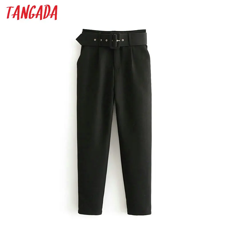 Baratos Pantalones traje negro Tangada Mujer Pantalones cintura alta bolsillos sashes Oficina señoras pantalones moda media edad rosa amarillo pantalones 6A22