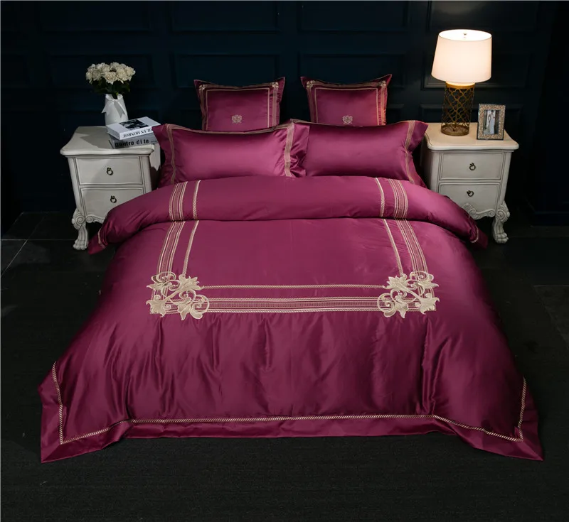 

2017 Europe Style red Queen King Size 4/7Pcs Bedding Set Embroidery Technics High count Cotton Bedlinens Duvet Cover Sets