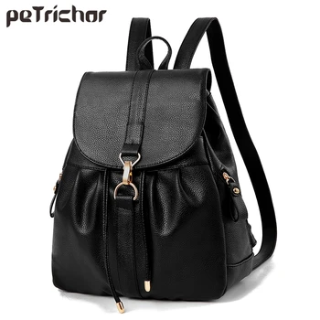 

Petrichor England Style String Black Backpack Female PU Leather Women Shoulder Bag Girl School Bags Lock Anti-theft Ladies Purse