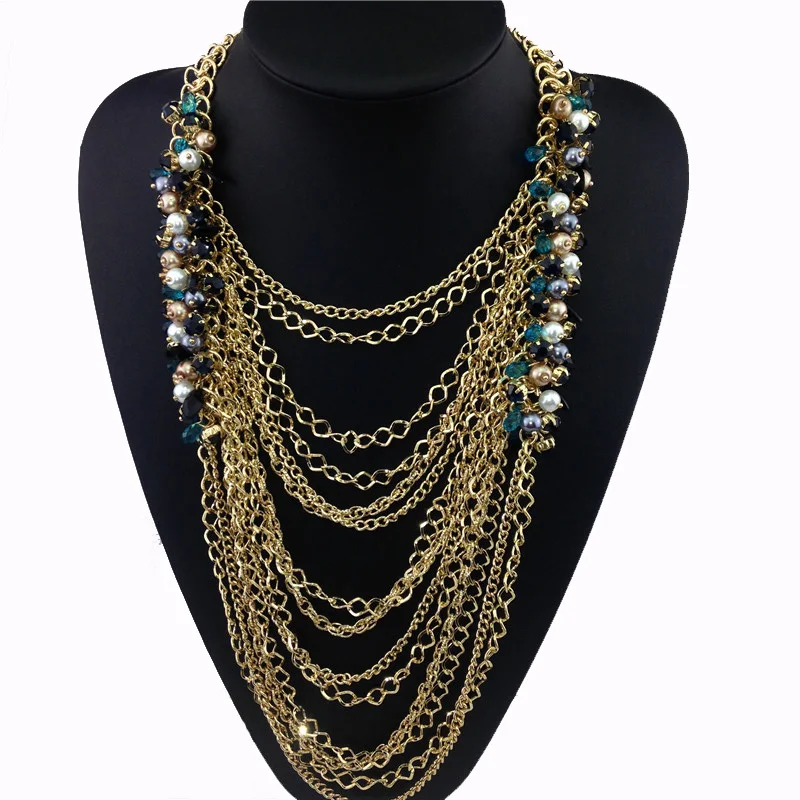 Women Multilayer Fashion Lucky Rose Gold Color Bib Statement Necklace