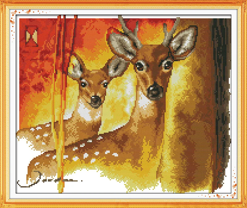 

Two Sika deers Printed Canvas DMC Counted Cross Stitch Kits printed Cross-stitch set Embroidery Needlework