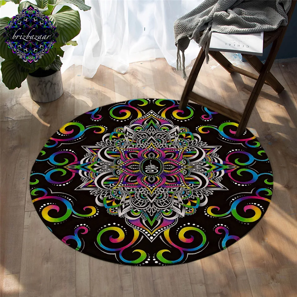 

Harmony Magic by Brizbazaar Round Carpet Mandala Floral Bedroom Floor Mat Colorful Area Rugs Psychedelic Flower Black Yoga Mat