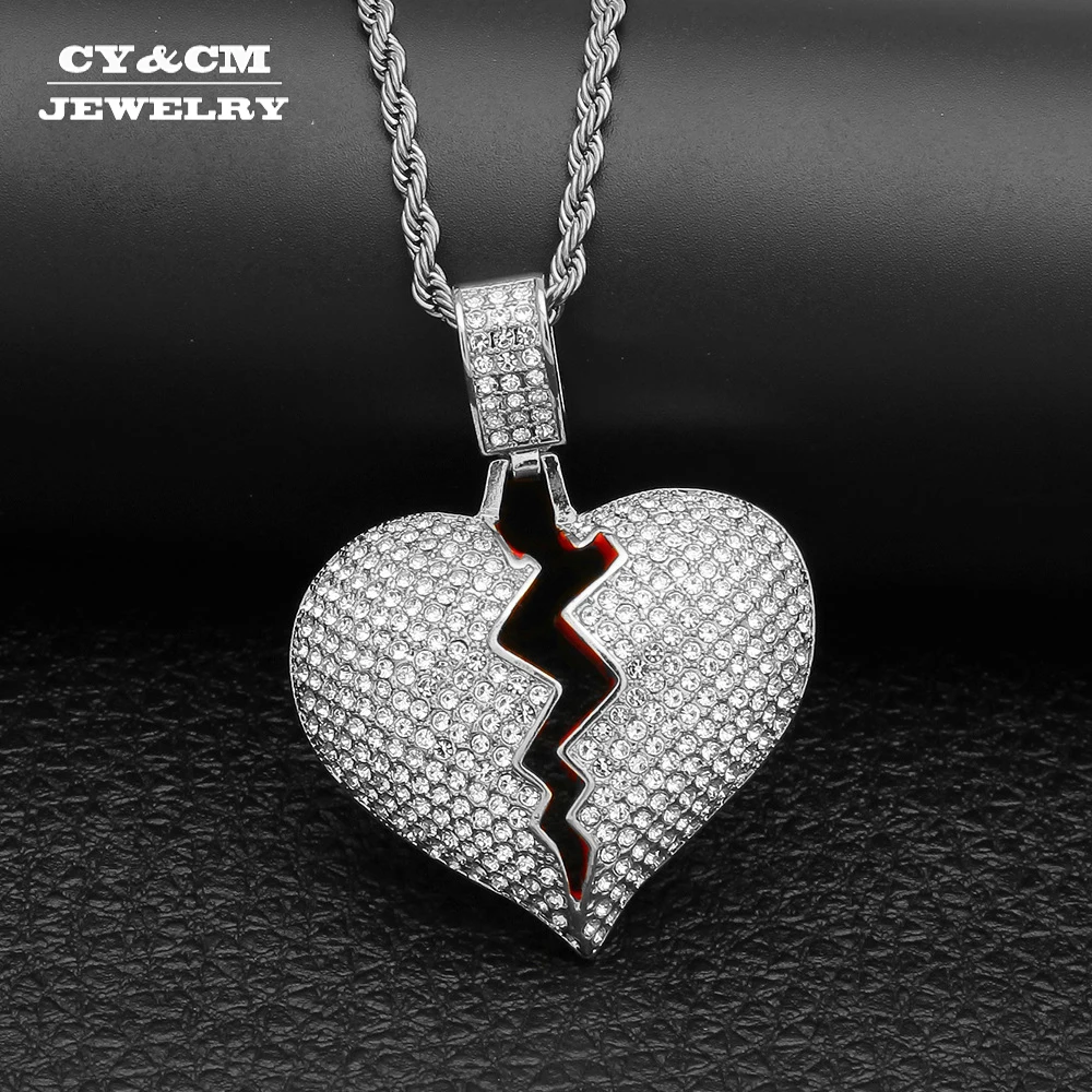 Broken Heart Pendant Necklaces Gold Silver Bling Cubic Zircon CZ Rhinestone for Men Women Hip