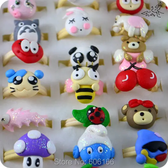 Anillo de arcilla polimérica de alta calidad para niños, bonito anillo de arcilla de dibujos animados, regalo de fiesta, joyería de moda, venta al por mayor, 20x|lot case|jewelry broachjewelry resin -