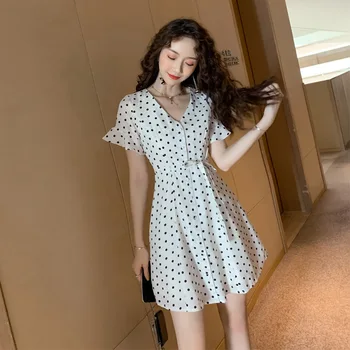 

Women V-neck Short Sleeve Loose Mini White Dress A-line Print Polka Dot Dress Women Casual Summer Clothes for Women Vestidos