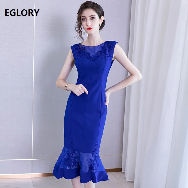 

High Quality New 2019 Spring Summer Autumn Party Mermaid Dresses Women Appliques Embroidery Organza Patchwork Midi Dress Blue