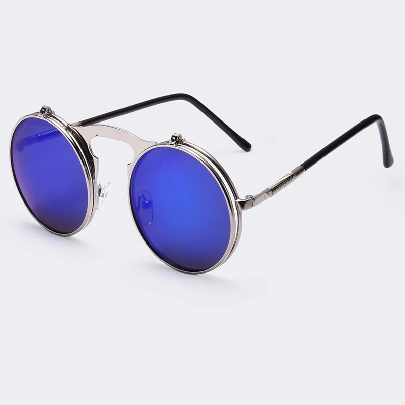 AOFLY Vintage Steampunk. Стильные мужские и женские солнцезащитные очки унисекс, в стиль ретро-панк, в круглом дизайне, в металлической оправе и зеркальными линзами, защита от УФ лучей - Цвет линз: AO1blue
