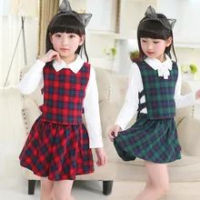 2017 girls set British style girls party clothing suit long-sleeved shirt + lattice vest + plaid skirt 3 party clothes 5-14Y 7