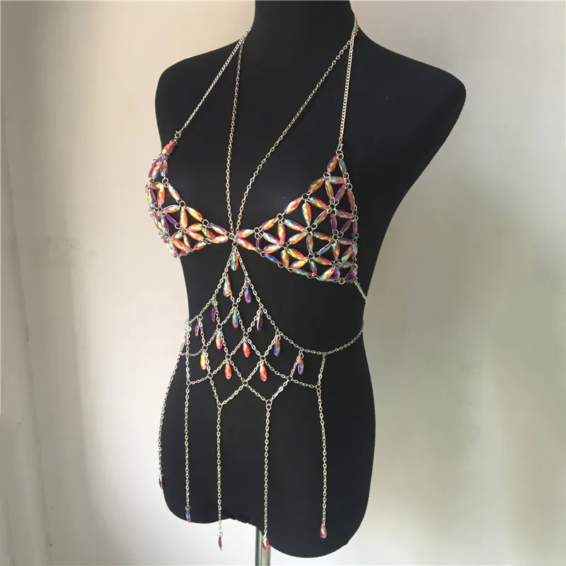 

Bling Metal Tassel Details Tank Tops Festival Rave Clothing Summer Sexy Backless Rave Body Chain Beach Tops 2019