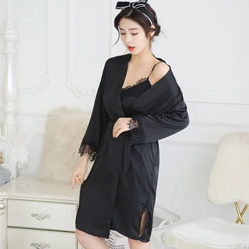 

Sexy Women Silk Sleepwear Set Solid Lingerie Satin Bathrobe and Mini Night Dress Full Sleeve Lounge Set 2 Pieces