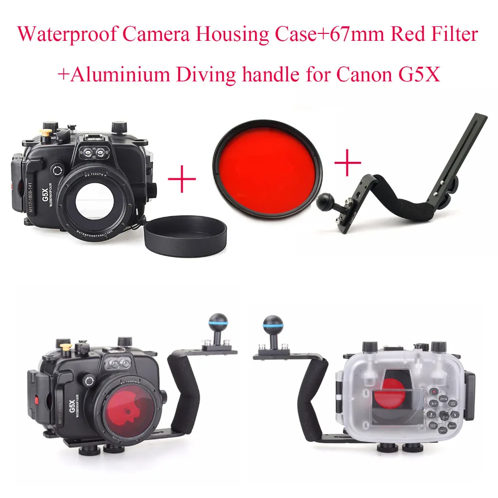 

Meikon 40m/130ft Underwater Diving Camera Housing Case for Canon G5X+Aluminium Diving handle+67mm Red Filter,Waterproof Bag Case