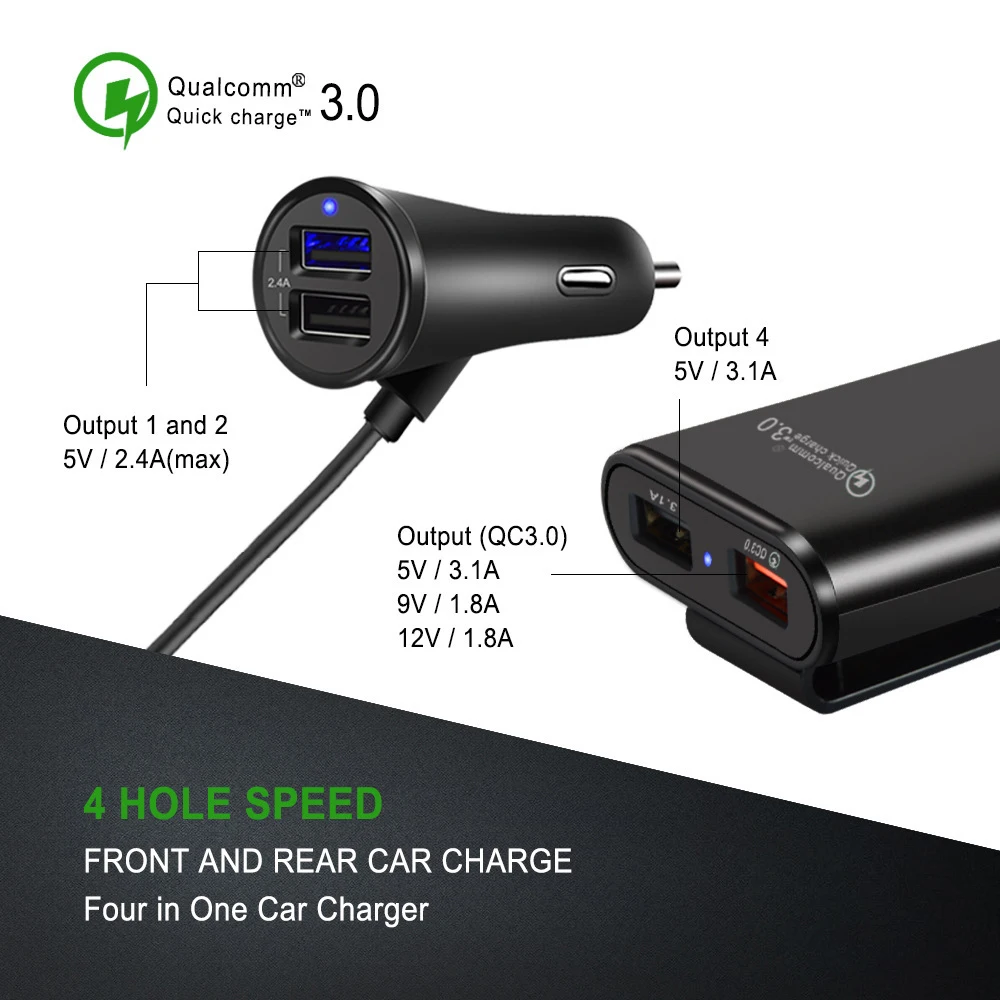 QC3.0 سريعة شاحن سيارة 4 سلك USB كابل الهاتف المحمول شاحن 3.0 + 2.4A + 3.1A مصباح USB امدادات الطاقة ل اللوحي Xiaomi QC3.0 سريعة شاحن سيارة 4 سلك USB كابل الهاتف المحمول شاحن 3.0 + 2.4A + 3.1A مصباح USB امدادات الطاقة ل اللوحي Xiaomi