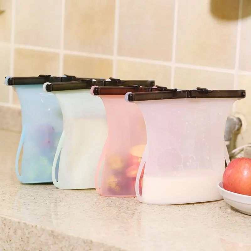 

1000ml Reusable Silicone Bag Kitchen Food Sealing Fresh Storage Bag Fruit Meat Zip Top Containers Stand Up Kitchen Organizer