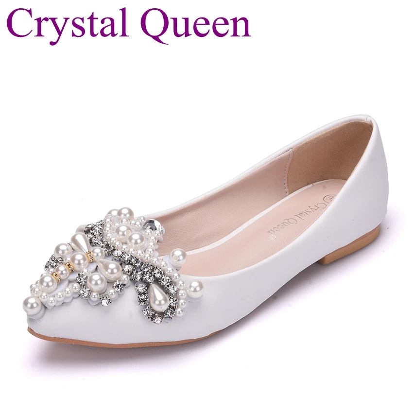 

Crystal Queen Pearls Flower Flats Women Pointed Toe Ballet Flats flat heel Women Wedding Shoes White Casual Weeding Shoes