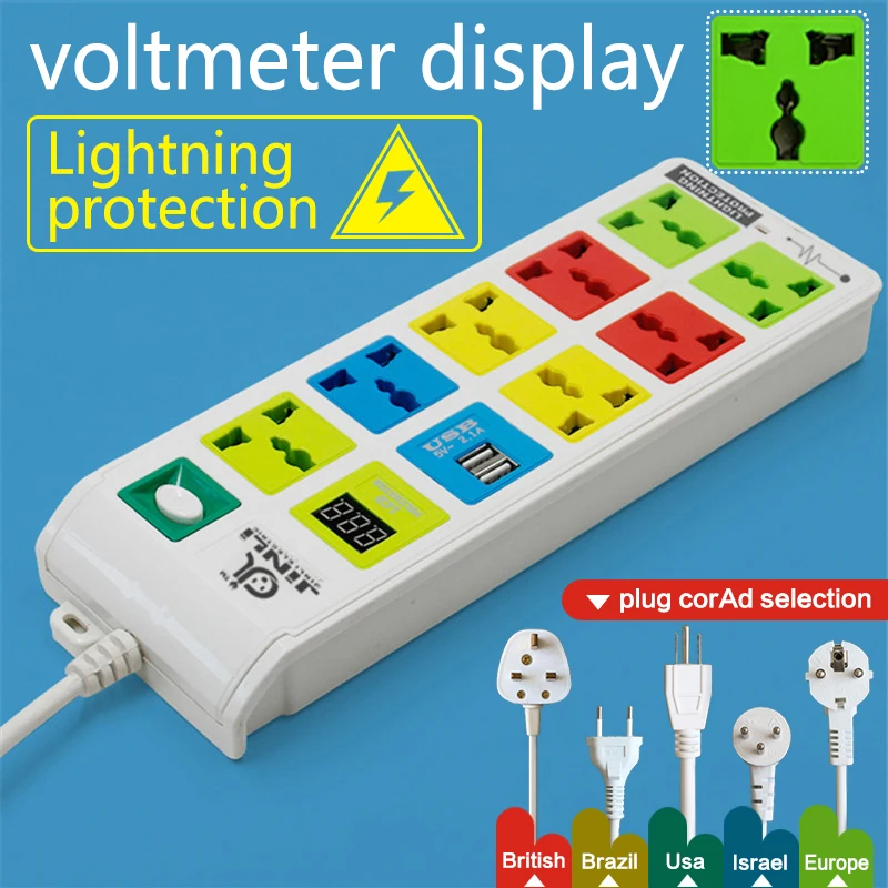 8 Outlet & 2 USB Charging Port power socket, power strip EU UK US with LED voltmeter Power Strip 8 Outlet & 2 USB Charging Port power socket, power strip EU UK US with LED voltmeter Power Strip
