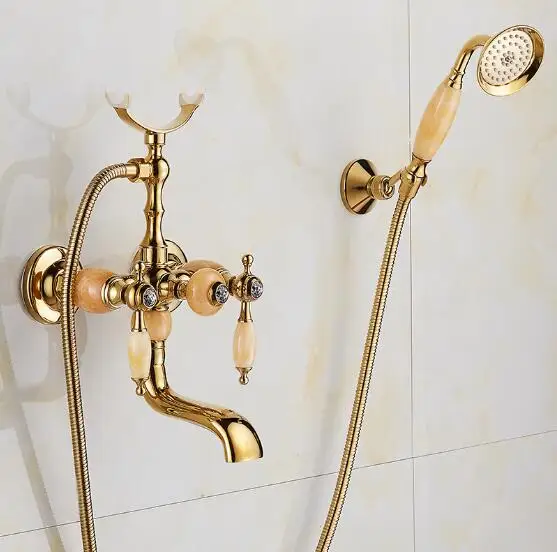 N หรูหราสไตล์โบราณทองอ่างอาบน้ําก๊อกน้ําเซรามิคและมือถือหัวฝักบัวก๊อกน้ําอ่างอาบน้ําก๊อกน้ําชุดก๊อกน้ําชุด 3