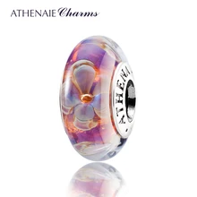 ATHENAIE Genuino Cristal De Murano Núcleo De Plata 925 Cinco Pétalos Flores Grano Del Encanto Color Púrpura Regalo para el Día Del Aniversario y cumpleaños