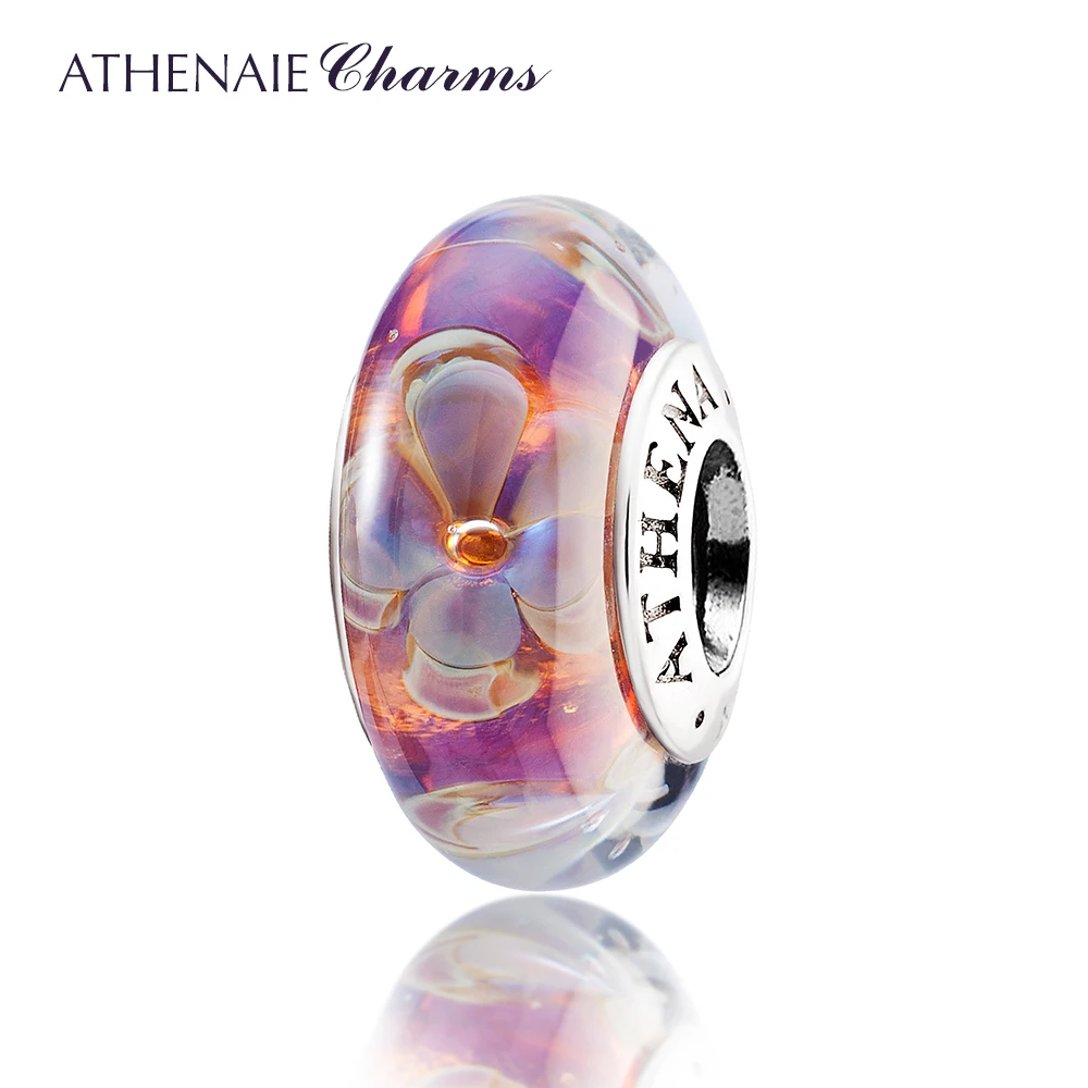 ATHENAIE Originální Murano sklo 925 Stříbrné jádro Pět-petaled květiny Charms Korálky Fit Pandora náramky a náhrdelníky Barva Purpur