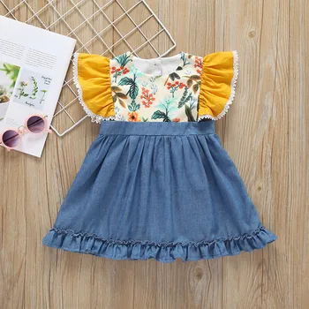 

Girls Dresses Summer 2019 Floral Printed Denim Patchwork Princess Dress Clothes Robe Princesse Enfant Fille Dresse Girl