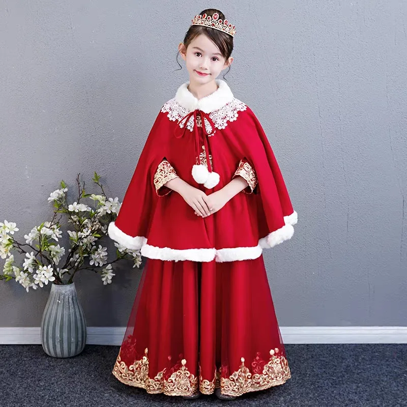 

2018 Autumn Winter Wine-red Luxury Children Girls Embroidery Lace Shoulderless New Year Long Dress With Cloak Kids Piano Dress