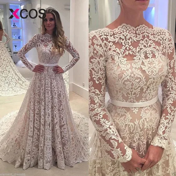 

XCOS Vestido De Noiva 2018 Vintage Wedding Dress Lace A Line Boat Neck Long Sleeves Elegant Bridal Gown Plus Size
