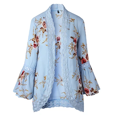 Efvandoloe женская блузка кимоно кардиган с принтом кружевная рубашка размера плюс Топ Женская одежда - Цвет: Небесно-голубой