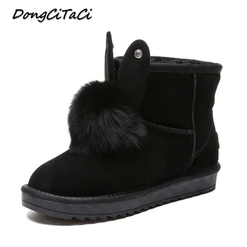 

DongCiTaCi Winter Flat Snow Boots Women Genuine Leather Fur Rabbit Ears Warm Classic Snow Shoes Woman Solid Fox Hairball Bootie