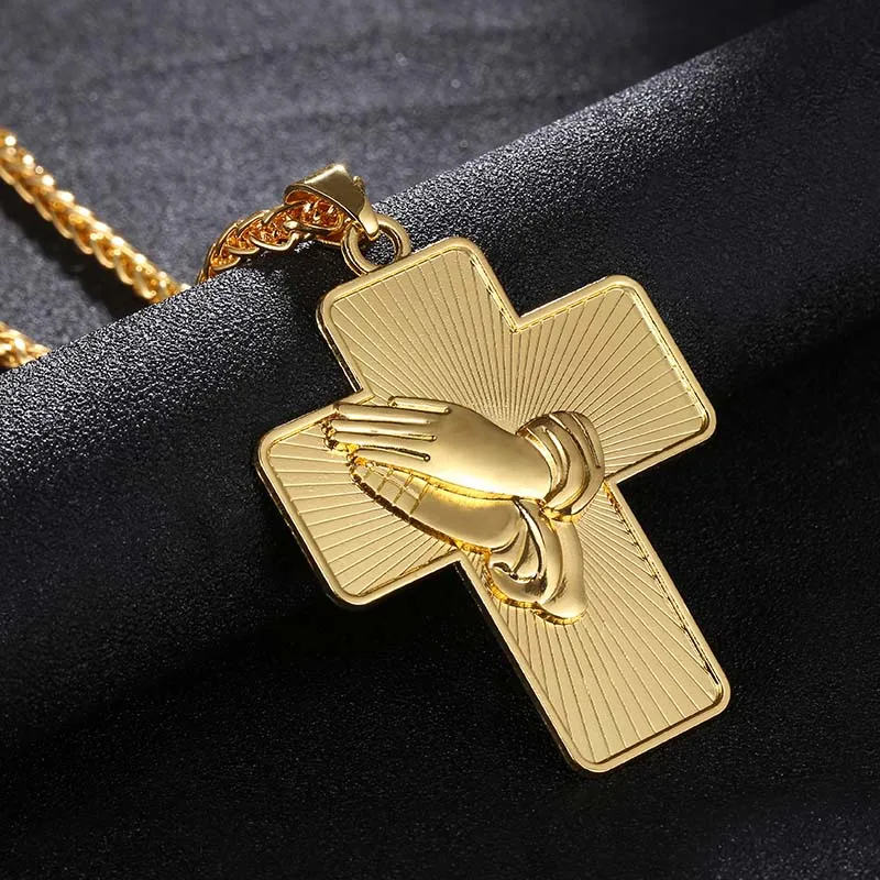 

Trendy Religious Cross Praying Hands Pendants & Necklaces Brother Gift Gold/Steel Color Hip Hop Men Chain Jewelry Bijoux