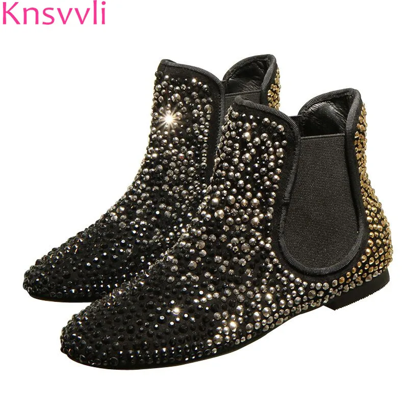 

Knsvvli fashion woman short boots genuine leather crystal sequined ankle boots women full Rhinestone flats martin boots femme