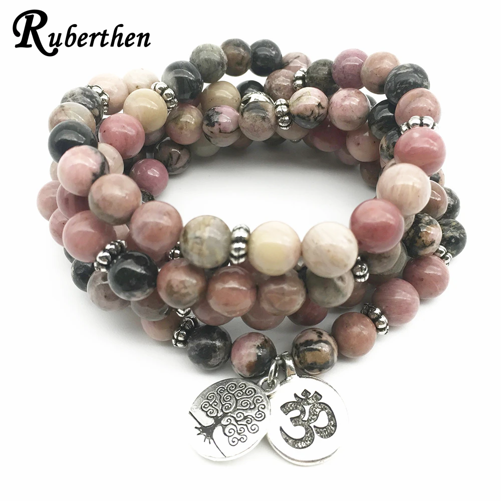 

Ruberthen 2018 Natural Black Vein Rhodonite Bracelet Tree of Life Ohm Charm Bracelet Healing Beaded Bracelet For Women