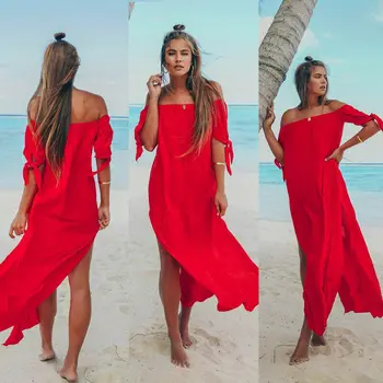 

Summer Women Sexy off the Shoulder Side Split Bikini Swimsuit Cover Up Dress