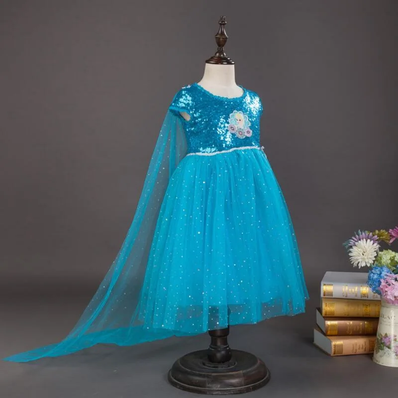 Костюм Эльзы для девочек; летнее платье принцессы с длинным шлейфом и блестками для рождественской вечеринки на Хэллоуин - Цвет: Небесно-голубой