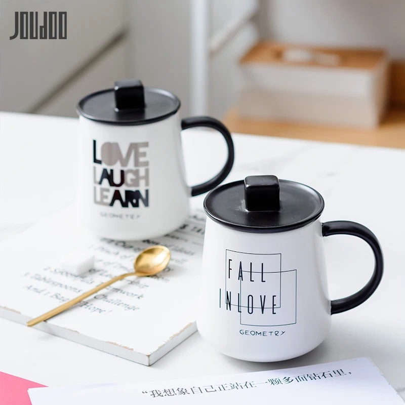 

JOUDOO New Ceramic Coffee Mug With Lid 400ML Black&White Student Water Drinkware Home Office Milk Tea Mugs Home Decoration 35