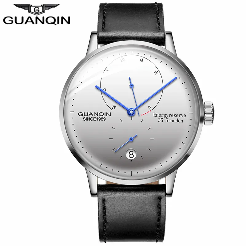 GUANQIN мужские часы Лидирующий бренд Роскошные автоматические механические часы повседневные кожаный ремешок сапфир водонепроницаемые аналоговые наручные часы для мужчин s - Цвет: black silver white