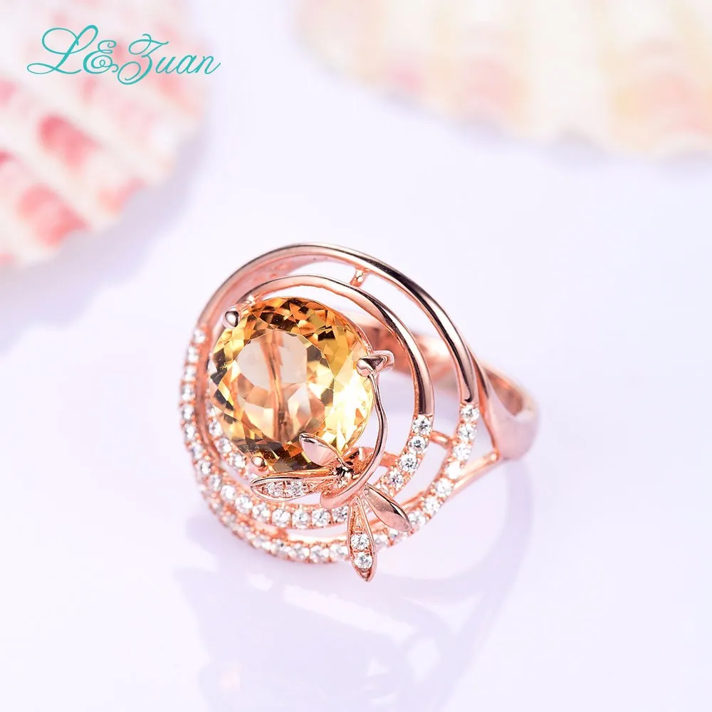 L& zuan, натуральный, 3.21ct, цитрин, кольца для женщин, желтый камень, стрекоза, хорошее ювелирное изделие, покрытое розовым золотом, S925 серебро, вечерние кольца, подарок