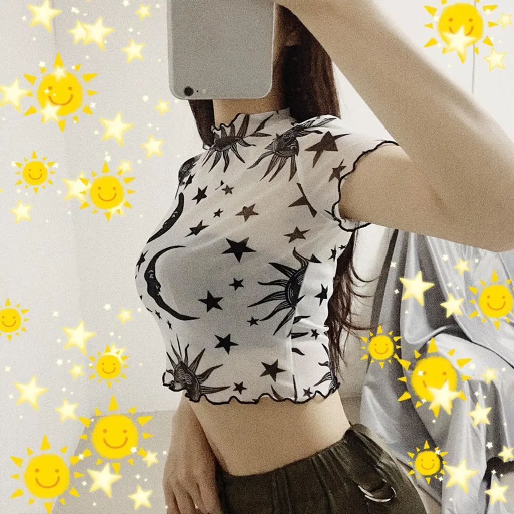 Сексуальная Женская футболка с принтом солнца, луны и звезд, harajuku, перспективный топ с оборками, светоотражающая сетка, летние вечерние топы, poleras# sw