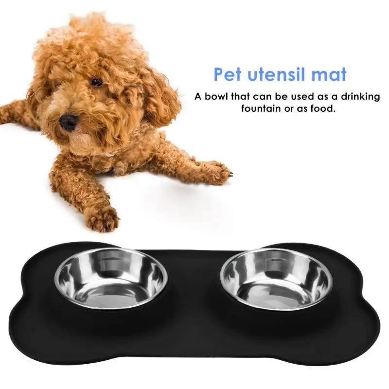 

Stainless Steel Double Bowl Pet Dog Cat Kitten Puppy Nonslip Feeding Food Water 2019 Travel Portable Dish Non-Skid Silicone Mat