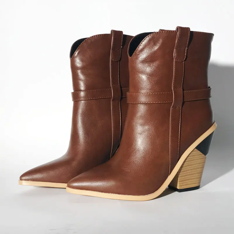 Зимние ботильоны фирменного дизайна для женщин; ковбойские ботинки из искусственной кожи; ботинки на танкетке со змеиным принтом; Женская обувь в западном стиле; большие размеры - Цвет: Коричневый