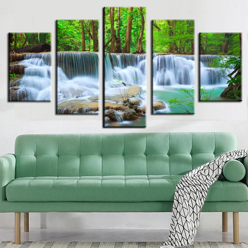 5 Panel HD Print Canvas Art Waterfall Forest Trees Rocks Modular Wall Picture Canvas Painting for Living Room Cuadros Home Decor