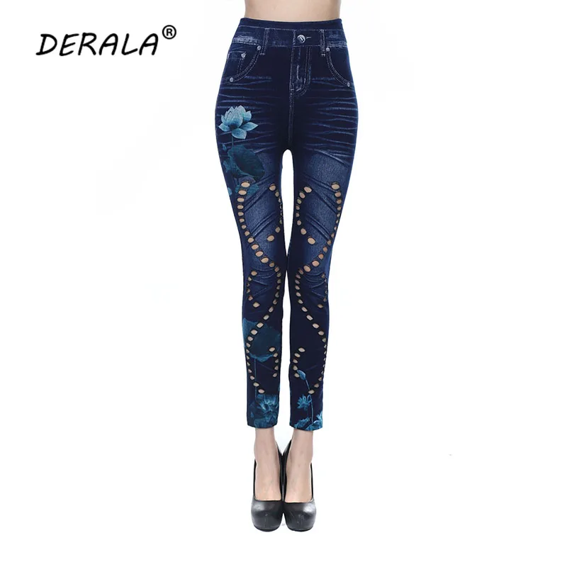 

Hollow Out Floral Print Skinny Jeans Jeggings Leggings Sexy Seamless High Elastic Denim Legins Pocket Leggi Hot Pants