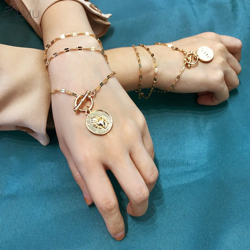 

AOMU 2019 New Multilayer Relief Portrait Coin Pendants Bangles Charm Friendship Bracelets for Women Hand Chain Anklet Jewelry