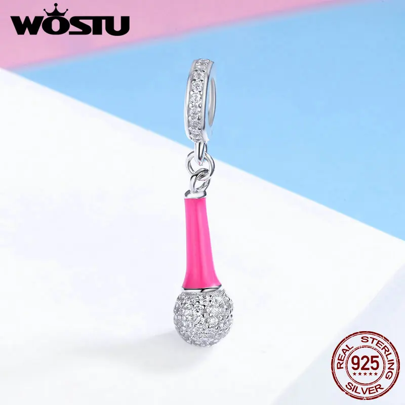 

WOSTU New 925 Sterling Silver I Love Singing Microphone Clear CZ Pendant Charm fit Women Bracelet DIY Beads Jewelry FIC440